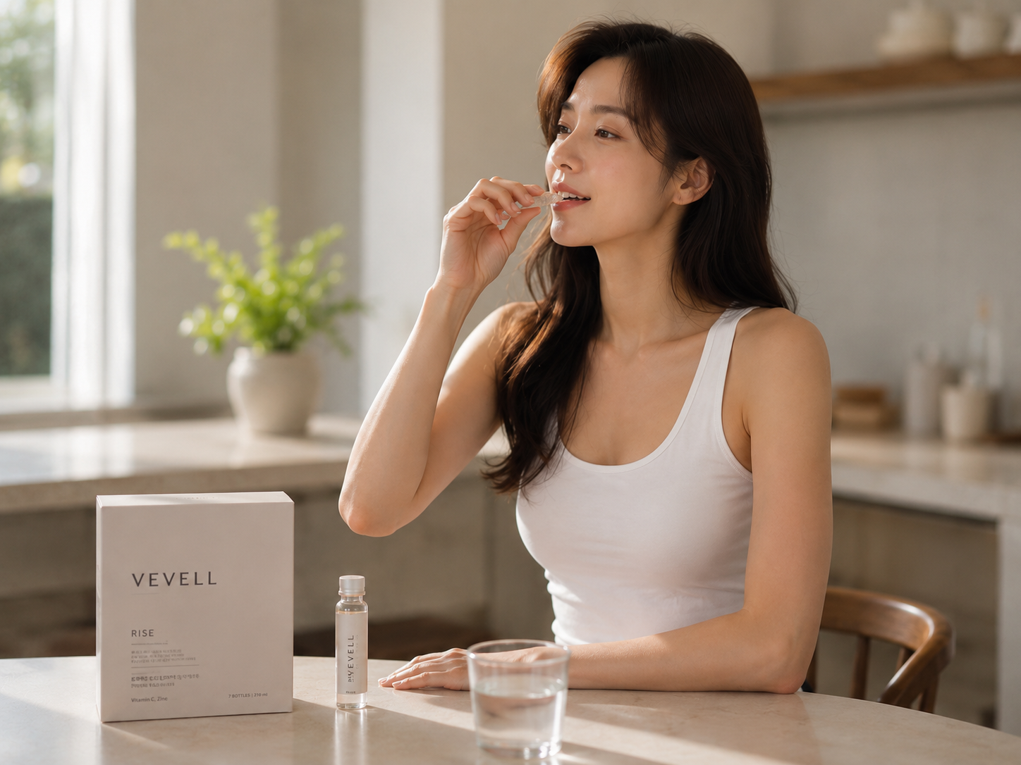 VEVELL RISE를 든 여성